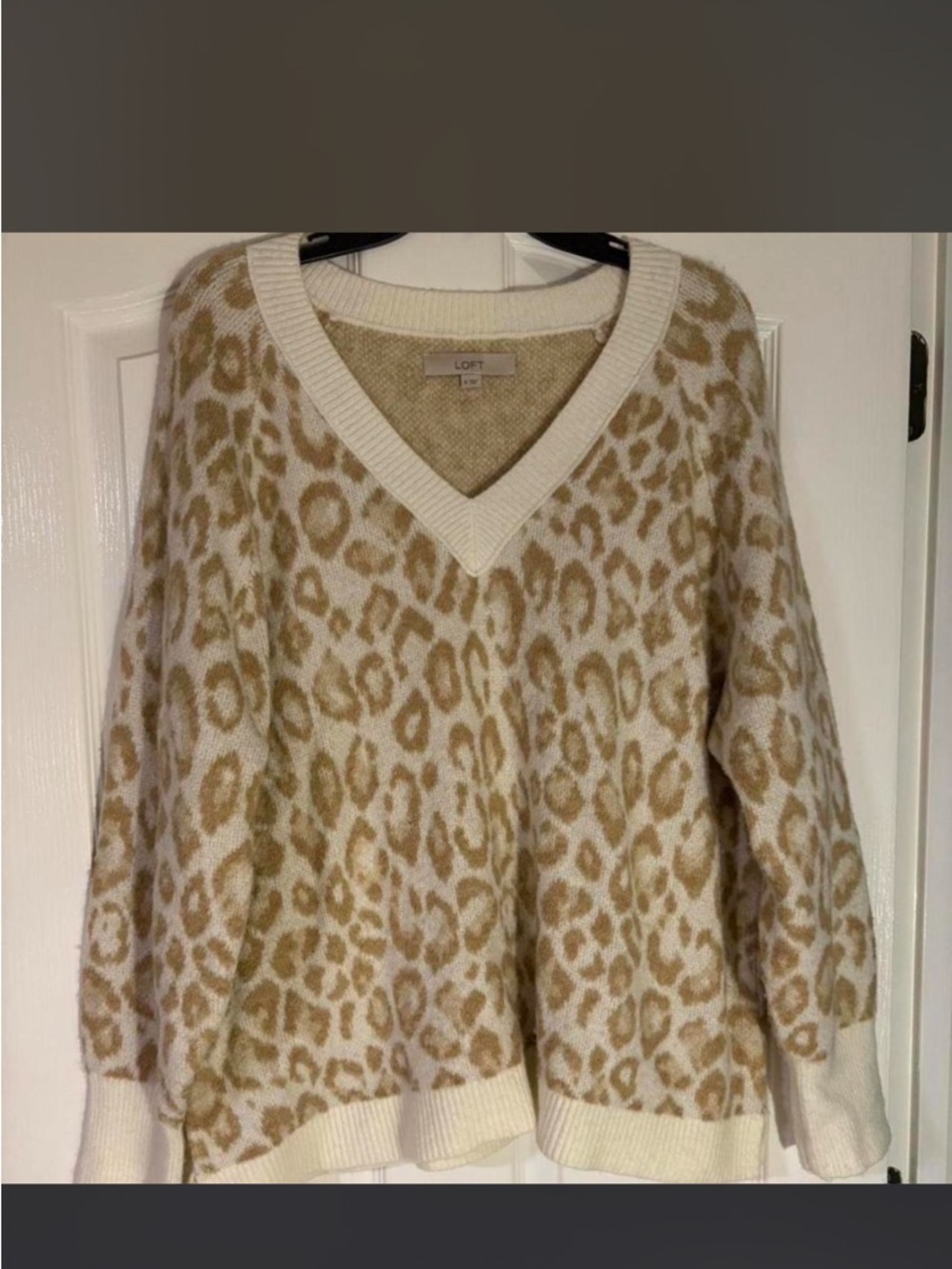 LOFT Cream and Tan Leopard-Print V-Neck Sweater
